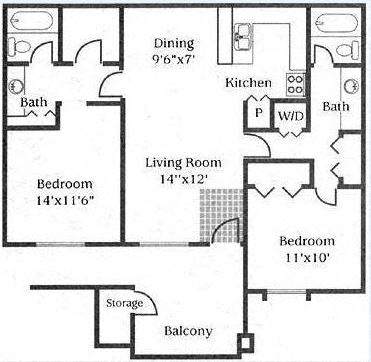 Floor plan for 2 beds, 2 baths, 1000 sqft